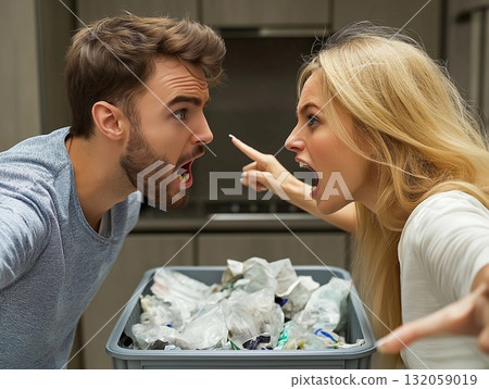 Angry couple debating over waste management in a messy kitchen during a heated argument Angry couple debating over waste management in a messy kitchen during a heated argument 132059019