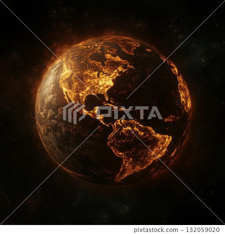 Scorched planet Earth in cosmic space, illustration 132059020
