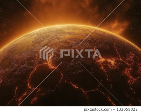 Scorched planet Earth in cosmic space, illustration 132059022