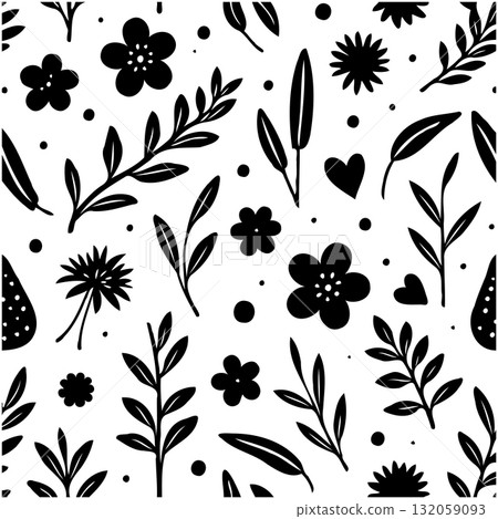 Seamless black and white floral pattern with stylized flowers and leaves design 132059093