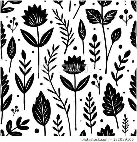 Black and White Floral Pattern: Seamless Vector Design for Textile and Backgrounds Black and White Floral Pattern: Seamless Vector Design for Textile and Backgrounds 132059106