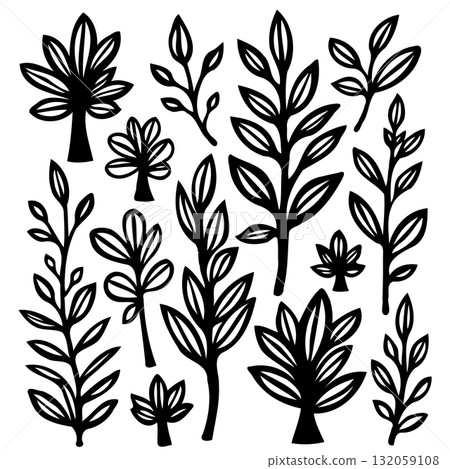 Elegant botanical vector illustration showcasing a diverse collection of foliage 132059108
