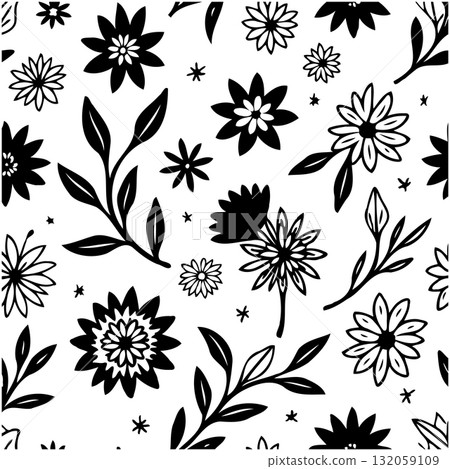 Elegant floral pattern with black and white hand-drawn flowers and leaves seamless design Elegant floral pattern with black and white hand-drawn flowers and leaves seamless design 132059109