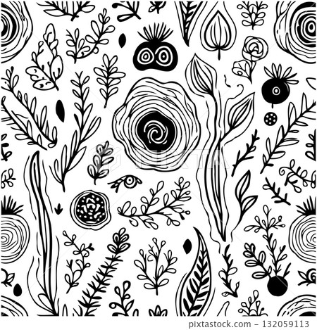 Hand-drawn floral seamless pattern with intricate details and monochromatic style Hand-drawn floral seamless pattern with intricate details and monochromatic style 132059113