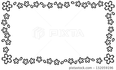 Hand-drawn black and white frame of cherry blossoms - black line drawing 132059196