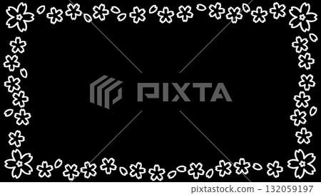 Hand-drawn black and white frame of cherry blossoms, white line drawing 132059197