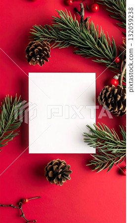 Pine cones and pine needles with blank card on red background Pine cones and pine needles with blank card on red background 132059238