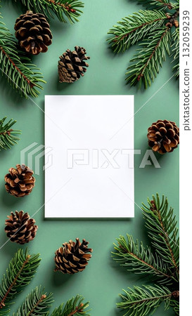 Pine cones and pine needles with blank card on green background Pine cones and pine needles with blank card on green background 132059239