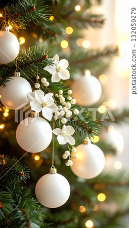 Close-up of Christmas tree with white balls and mistletoe flowers 132059279