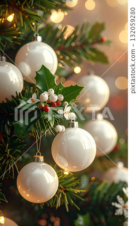 Close-up of Christmas tree with white balls and mistletoe flowers 132059280