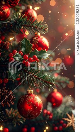 Close-up of Christmas tree with red balls and holly berries 132059281