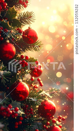 Close-up of Christmas tree with red balls and holly berries Close-up of Christmas tree with red balls and holly berries 132059282