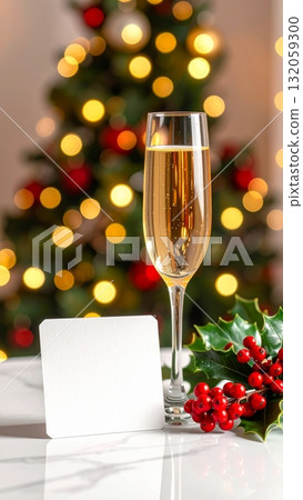 Champagne glass with blank card and holly berries on Christmas background with soft bokeh Champagne glass with blank card and holly berries on Christmas background with soft bokeh 132059300