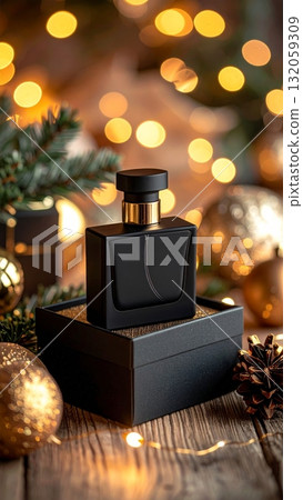 Perfume bottle in simple luxurious Christmas gift box Perfume bottle in simple luxurious Christmas gift box 132059309