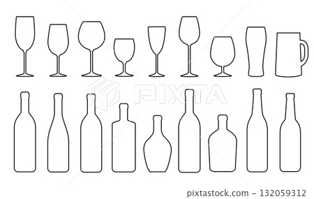 linear set of acohol bottles, wine, beer mug, brandy bottles and glasses linear set of acohol bottles, wine, beer mug, brandy bottles and glasses 132059312