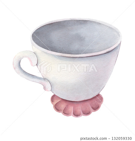 Vintage elegant teacup. Hand-painted watercolor illustration of ceramic isolated on white background for kitchen prints, cards, logos, packaging, invitations, tea party, and decor projects Vintage elegant teacup. Hand-painted watercolor illustration of ceramic isolated on white background for kitchen prints, cards, logos, packaging, invitations, tea party, and decor projects 132059330