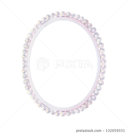 Vintage oval pearl frame. Hand-painted watercolor illustration isolated on white background. Perfect for invitations, wedding cards, logos, prints, packaging, wall art, and elegant design projects 132059331