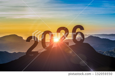 Number 2026 silhouette on mountain peak with sun rising, concept for new year dawn, new beginnings and hope Number 2026 silhouette on mountain peak with sun rising, concept for new year dawn, new beginnings and hope 132059350