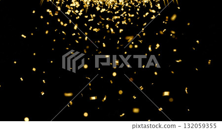 Golden confetti overlay falling from top, realistic gold foil particles isolated on black background, festive design element for celebration and party concept 132059355