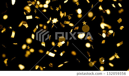 Golden confetti overlay with stars and ribbons, blurred festive background with bokeh effect, magical celebration texture isolated on black for party design 132059356