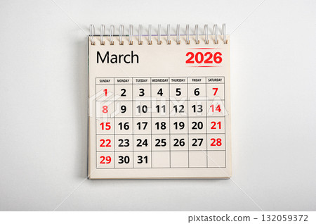 March 2026. Resolution, strategy, solution, goal, business and holidays. March 2026 calendar page on white background, spring planning and time management, schedule for business events 132059372