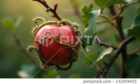 parasitic vine tendrils encircling ripe apple parasitic vine tendrils encircling ripe apple 132059435