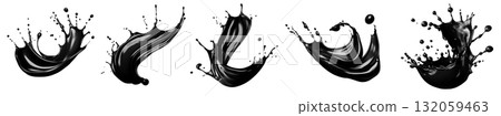 Black dark cream liquid paint ink splash swirl wave on transparent background cutout, PNG file. Many assorted different design. Mockup template for artwork 132059463