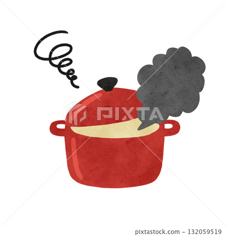 紅鍋黑煙水彩手繪插畫 132059519