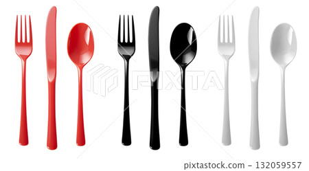 Set of Cutlery of plastic disposable colourful party spoon, fork knife on transparent background cutout, PNG file. Mockup template for artwork design. red black white 132059557