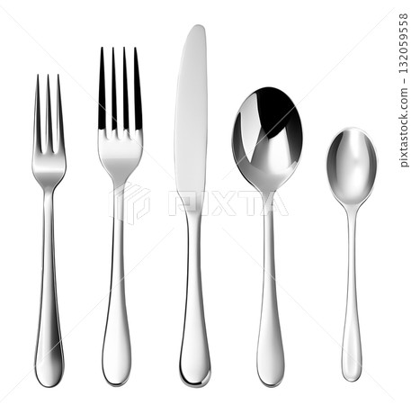 Set of Cutlery of silverware silver teaspoon spoon, fruit fork knife on transparent background cutout, PNG file. Mockup template 132059558