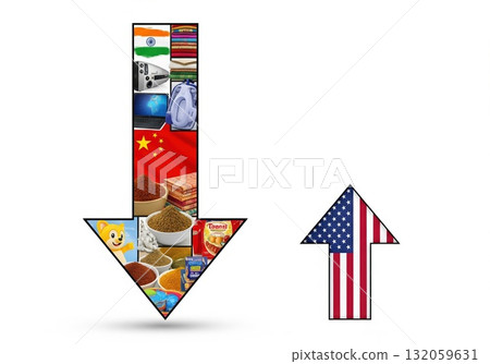Colorful product-filled arrow pointing down with rising US flag arrow beside it representing strategic trade imbalance and international economic focus and challenge Colorful product-filled arrow pointing down with rising US flag arrow beside it representing strategic trade imbalance and international economic focus and challenge 132059631