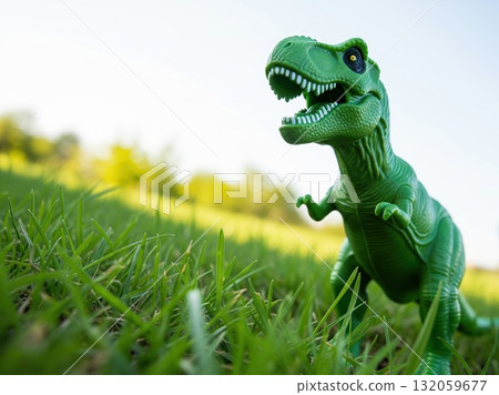 Plastic dinosaur toy stands in grass 132059677