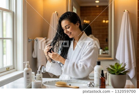 Female enjoying self care hair treatment at cozy bathroom space representing relaxation beauty wellness and personal grooming lifestyle practices 132059700