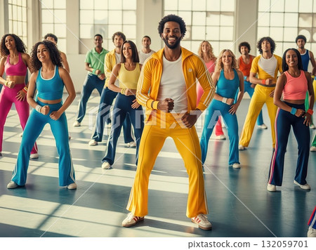 Retro aerobics class led by vibrant instructor in colorful 70s workout attire, full of energy, rhythm, and nostalgic fun 132059701