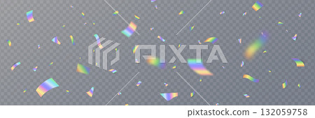 Holographic confetti falling on transparent background. Rainbow light hologram. Prism lens. Shiny festive decor. Crystal texture. Party celebration. Glamour design. Vector Illustration Holographic confetti falling on transparent background. Rainbow light hologram. Prism lens. Shiny festive decor. Crystal texture. Party celebration. Glamour design. Vector Illustration 132059758