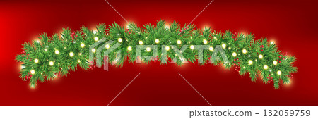 Green fir branches with glitter stars, golden light and berries border. Merry Christmas garland frame. New Year red card. Winter Holiday background. Xmas evergreen plant banner. Vector illustration 132059759