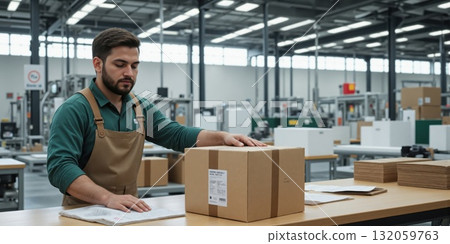 Sustainable Packaging Solutions - Manufacturer Using Eco-Friendly Packaging Materials A manufacturer is using eco-friendly packaging materials, such as biodegradable plastics 132059763