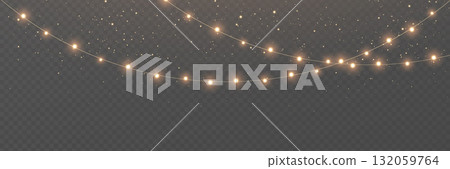 Christmas gold light background. Fairy bulb, banner. New Year luxury string garland. Winter party frame. Led neon line baubles. Festive border. Glow lamp bg. Glitter bright lamp. Vector illustration 132059764