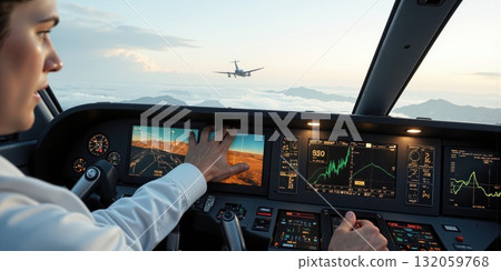 Electric Aviation - Pilot Operating Electric Aircraft for Sustainable Air Travel A pilot is operating an electric aircraft for sustainable 132059768