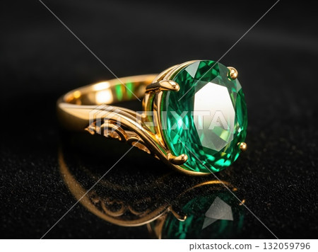 Golden emerald ring shining on black velvet with shimmering soft reflection and elegant curves in luxurious minimal jewelry composition 132059796
