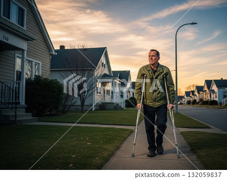 Disabled veteran using crutches walking along empty street evening colors glowing background posture steady resilient presence calm healing strength positive hope 132059837