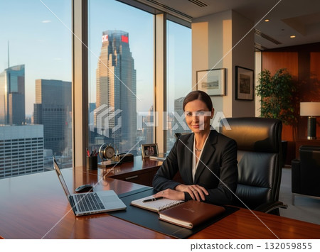 Professional executive seated in luxury office overlooking bright urban skyline with daylight glow illuminating modern corporate environment 132059855