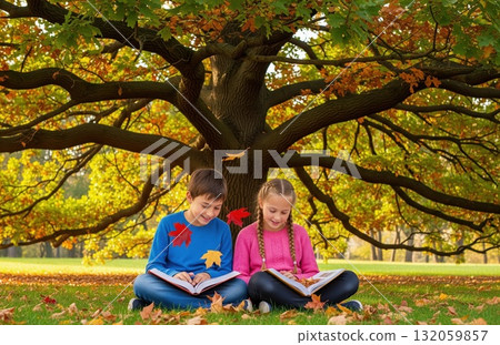Children sit under large tree with books, leaves falling gently around and colorful canopy overhead 132059857