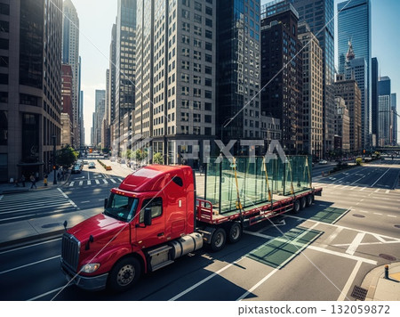 Truck carrying glass panels moves through city streets under bright sunlight reflecting urban energy and busy transportation 132059872