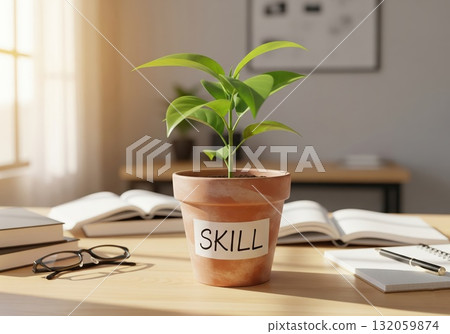 Small young plant with green leaves rising from pot labeled skill symbolizing career growth learning motivation and nurturing personal development towards reaching higher goals 132059874