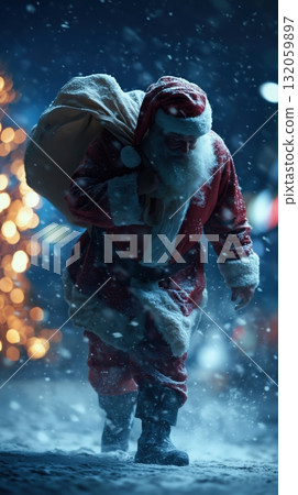 Santa Claus walking through a snowy night with a sack of gifts 132059897