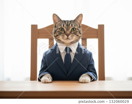 Feline figure dressed in neat business clothing seated upright, paws resting forward, chair plain, desk simple, background bright, projecting professional authority 132060029