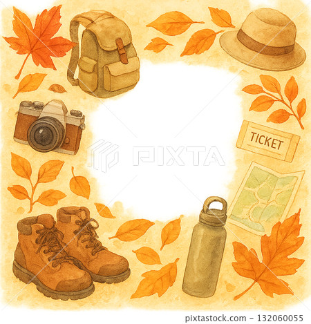 Autumn frame of autumn leaves and travel accessories 132060055