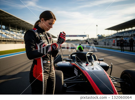 A prepared woman in racing suit stands at track near vehicle adjusting gloves carefully showing bold determination and readiness for high performance competition 132060064