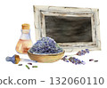 Lavender seeds heaped in terracotta bowl, essential oil glass bottle with pipette dropper, blank sign frame for text. Isolated illustration hand drawn in watercolor. Custom packaging, spa herb decor. 132060110